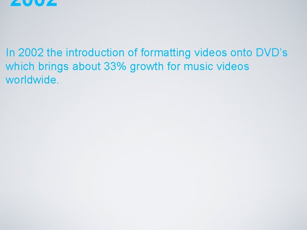 2002 In 2002 the introduction of formatting videos onto DVD’s which brings about 33%