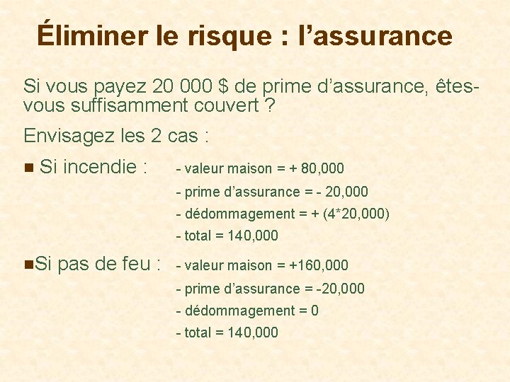 Éliminer le risque : l’assurance Si vous payez 20 000 $ de prime d’assurance,