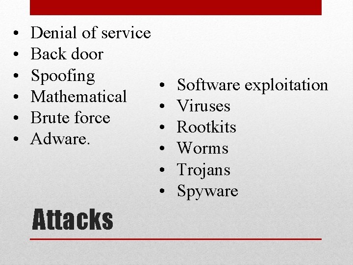 • • • Denial of service Back door Spoofing • Software exploitation Mathematical • • • Denial of service Back door Spoofing • Software exploitation Mathematical