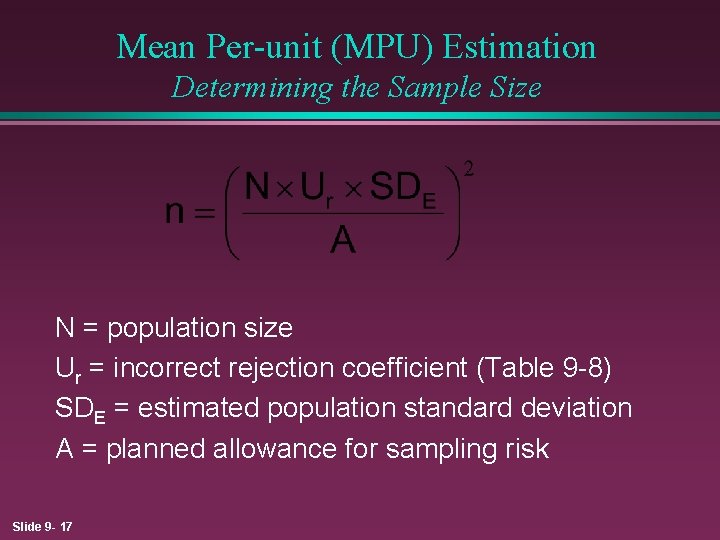 Mean Per-unit (MPU) Estimation Determining the Sample Size N = population size Ur =