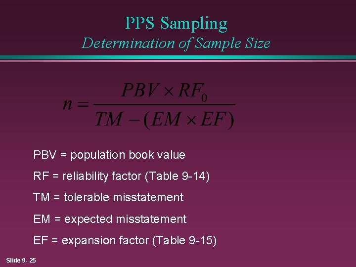 PPS Sampling Determination of Sample Size PBV = population book value RF = reliability