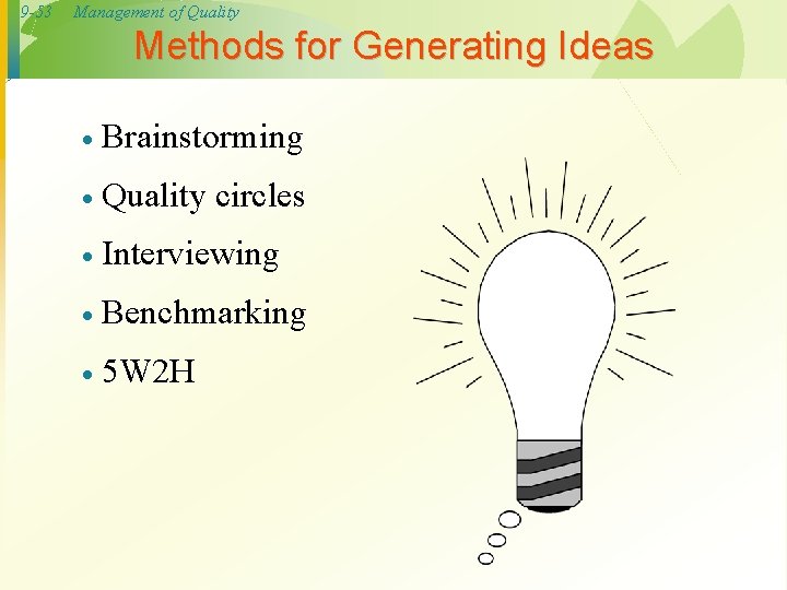 9 -53 Management of Quality Methods for Generating Ideas · Brainstorming · Quality circles