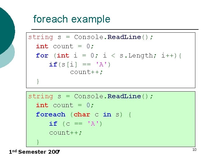 foreach example string s = Console. Read. Line(); int count = 0; for (int