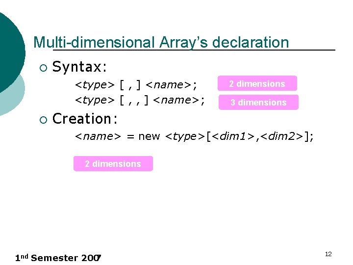 Multi-dimensional Array’s declaration ¡ Syntax: <type> [ , ] <name>; <type> [ , ,