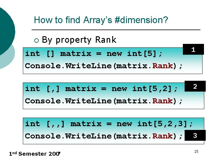 How to find Array’s #dimension? ¡ By property Rank 1 int [] matrix =