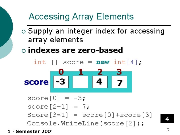 Accessing Array Elements Supply an integer index for accessing array elements ¡ indexes are