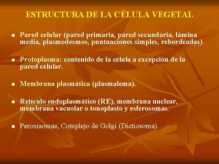 ESTRUCTURA DE LA CÉLULA VEGETAL n n n Pared celular (pared primaria, pared secundaria,