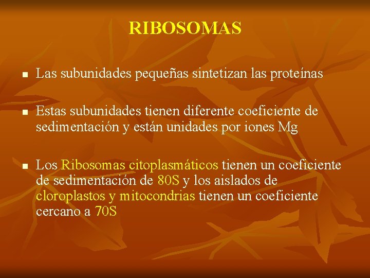 RIBOSOMAS n n n Las subunidades pequeñas sintetizan las proteínas Estas subunidades tienen diferente
