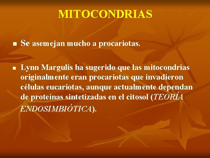 MITOCONDRIAS n n Se asemejan mucho a procariotas. Lynn Margulis ha sugerido que las