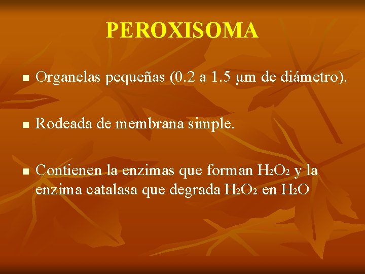 PEROXISOMA n Organelas pequeñas (0. 2 a 1. 5 µm de diámetro). n Rodeada