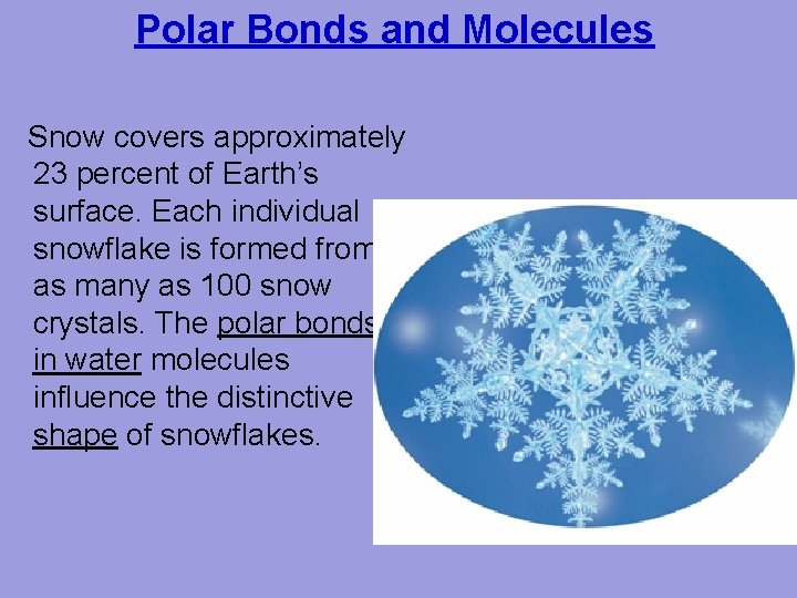Polar Bonds and Molecules Snow covers approximately 23 percent of Earth’s surface. Each individual