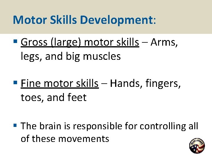 Motor Skills Development: § Gross (large) motor skills – Arms, legs, and big muscles