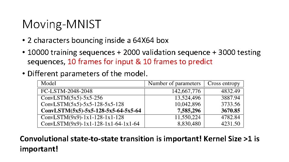 Moving-MNIST • 2 characters bouncing inside a 64 X 64 box • 10000 training