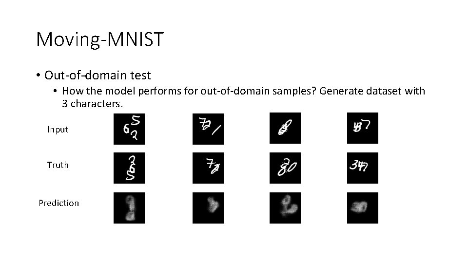 Moving-MNIST • Out-of-domain test • How the model performs for out-of-domain samples? Generate dataset