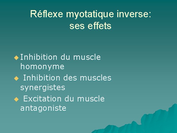 Réflexe myotatique inverse: ses effets u Inhibition du muscle homonyme u Inhibition des muscles