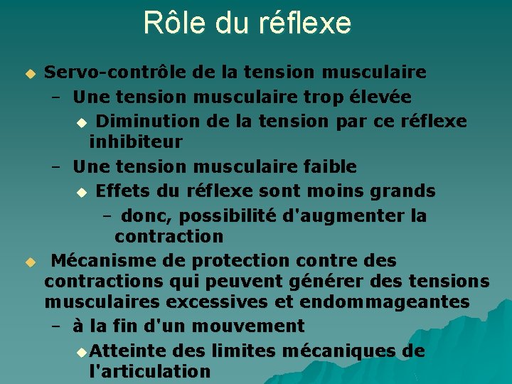 Rôle du réflexe u u Servo-contrôle de la tension musculaire – Une tension musculaire