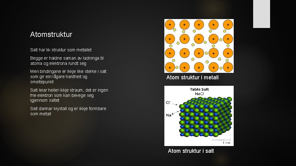 Atomstruktur Salt har lik struktur som metallet Begge er haldne saman av ladninga til