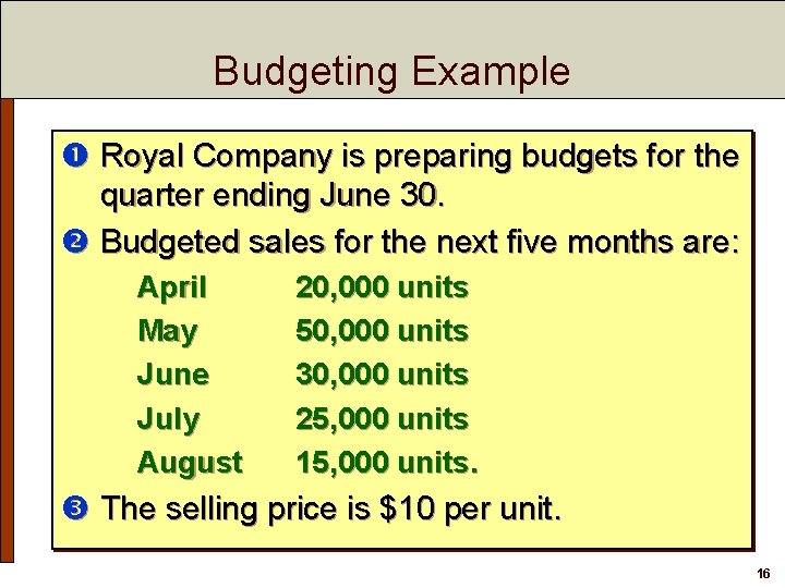 Budgeting Example Royal Company is preparing budgets for the quarter ending June 30. Budgeted