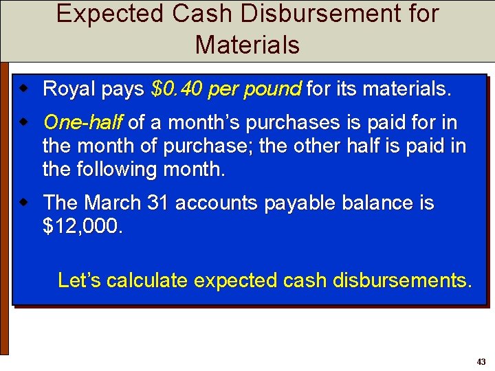 Expected Cash Disbursement for Materials w Royal pays $0. 40 per pound for its