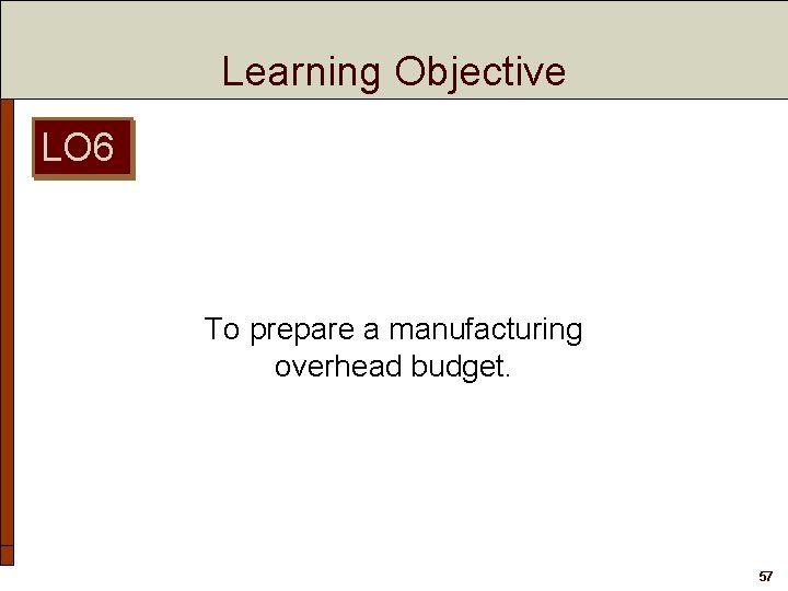 Learning Objective LO 6 To prepare a manufacturing overhead budget. 57 