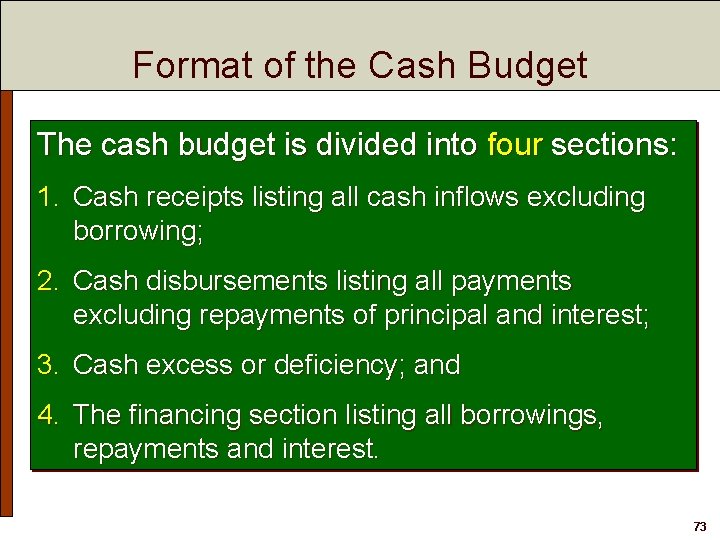 Format of the Cash Budget The cash budget is divided into four sections: 1.