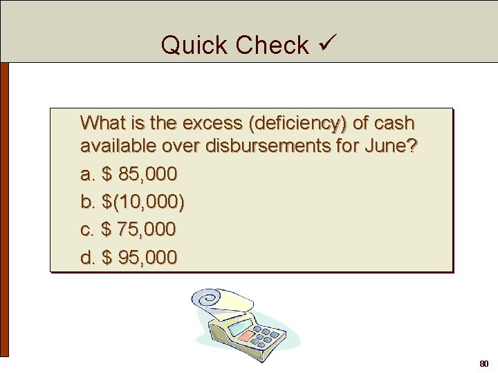 Quick Check What is the excess (deficiency) of cash available over disbursements for June?