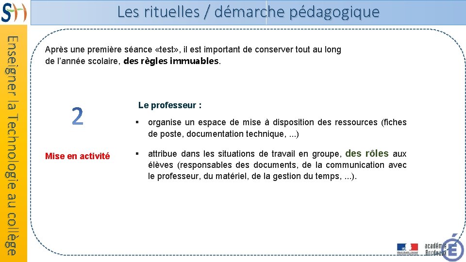 Les rituelles / démarche pédagogique Enseigner la Technologie au collège Après une première séance