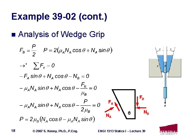 Example 39 -02 (cont. ) n Analysis of Wedge Grip FB FA NA 15