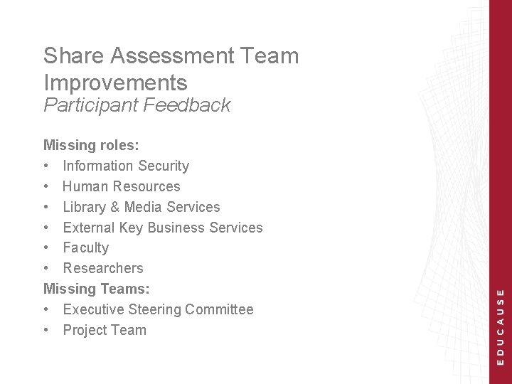 Share Assessment Team Improvements Participant Feedback Missing roles: • Information Security • Human Resources