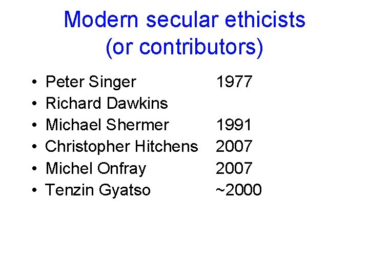 Modern secular ethicists (or contributors) • • • Peter Singer Richard Dawkins Michael Shermer