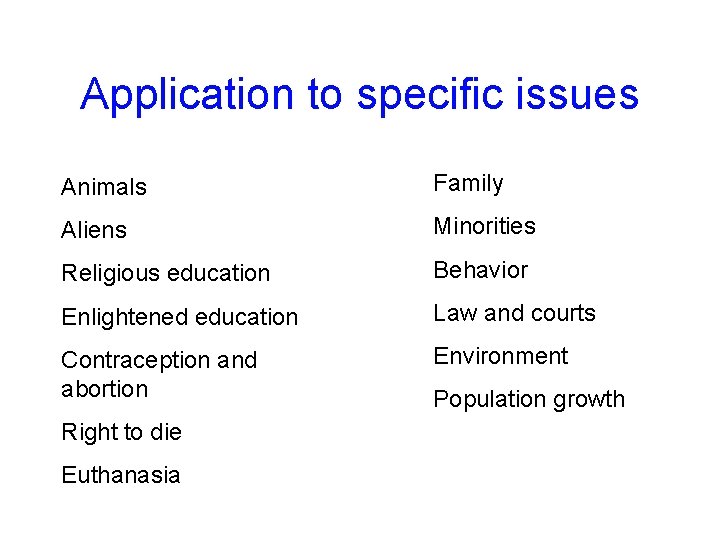 Application to specific issues Animals Family Aliens Minorities Religious education Behavior Enlightened education Law
