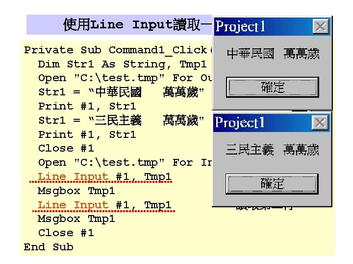 使用Line Input讀取一整行資料 Private Sub Command 1_Click() Dim Str 1 As String, Tmp 1 As 使用Line Input讀取一整行資料 Private Sub Command 1_Click() Dim Str 1 As String, Tmp 1 As