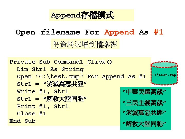 Append存檔模式 Open filename For Append As #1 把資料添增到檔案裡 Private Sub Command 1_Click() Dim Str Append存檔模式 Open filename For Append As #1 把資料添增到檔案裡 Private Sub Command 1_Click() Dim Str