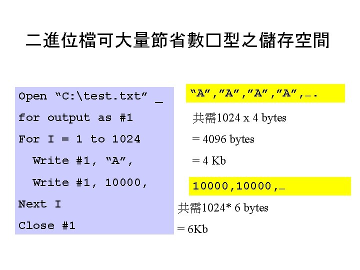 二進位檔可大量節省數�型之儲存空間 Open “C: test. txt” _ “A”, ”A”, …. for output as #1 共需1024 二進位檔可大量節省數�型之儲存空間 Open “C: test. txt” _ “A”, ”A”, …. for output as #1 共需1024