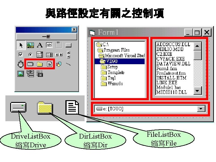 與路徑設定有關之控制項 Drive. List. Box 縮寫Drive Dir. List. Box 縮寫Dir File. List. Box 縮寫File 與路徑設定有關之控制項 Drive. List. Box 縮寫Drive Dir. List. Box 縮寫Dir File. List. Box 縮寫File