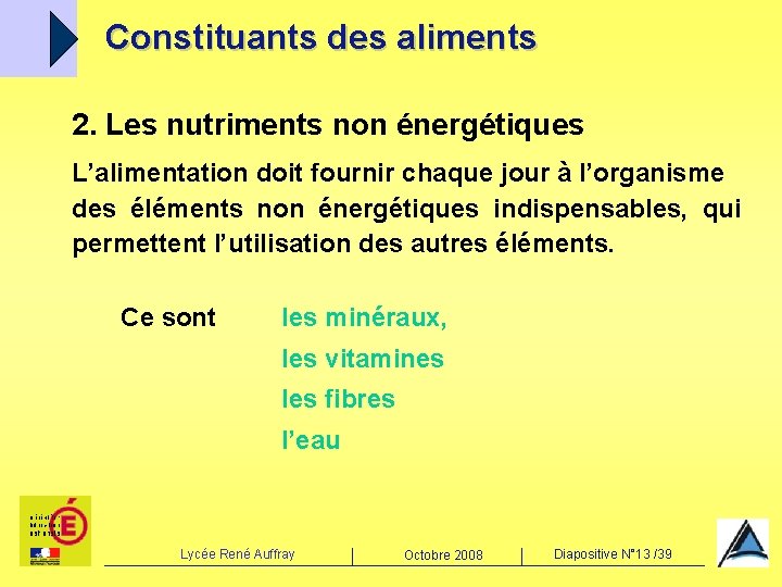 Constituants des aliments 2. Les nutriments non énergétiques L’alimentation doit fournir chaque jour à