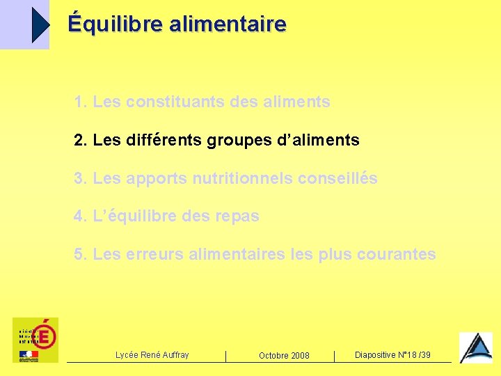 Équilibre alimentaire 1. Les constituants des aliments 2. Les différents groupes d’aliments 3. Les