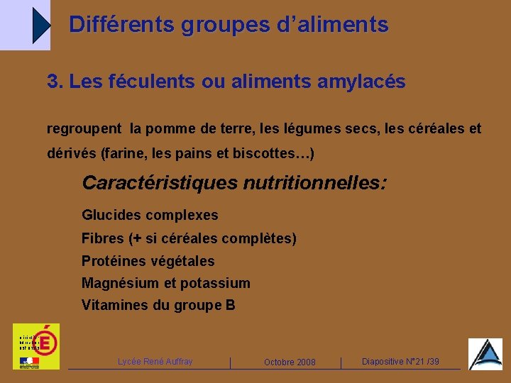 Différents groupes d’aliments 3. Les féculents ou aliments amylacés regroupent la pomme de terre,