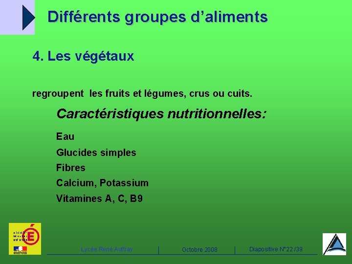 Différents groupes d’aliments 4. Les végétaux regroupent les fruits et légumes, crus ou cuits.