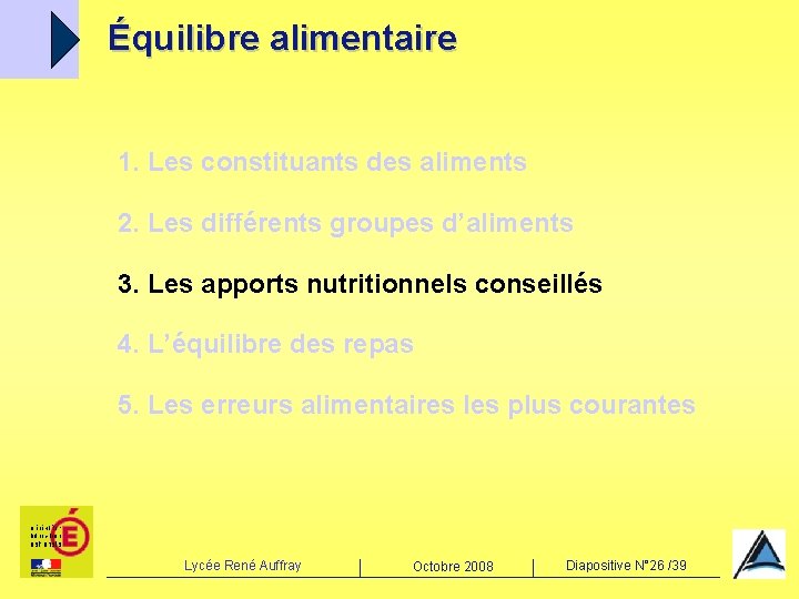 Équilibre alimentaire 1. Les constituants des aliments 2. Les différents groupes d’aliments 3. Les