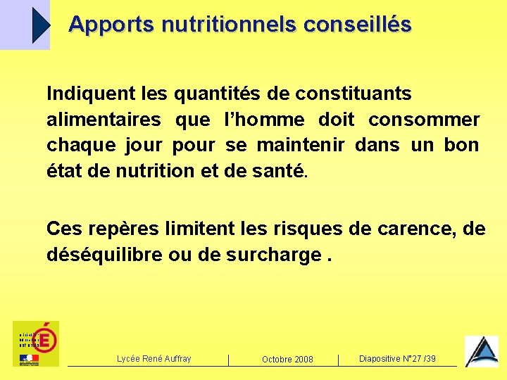 Apports nutritionnels conseillés Indiquent les quantités de constituants alimentaires que l’homme doit consommer chaque