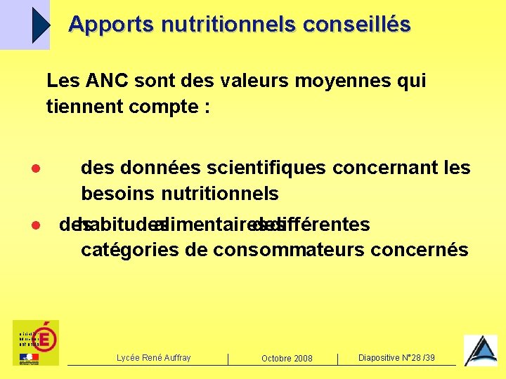 Apports nutritionnels conseillés Les ANC sont des valeurs moyennes qui tiennent compte : l