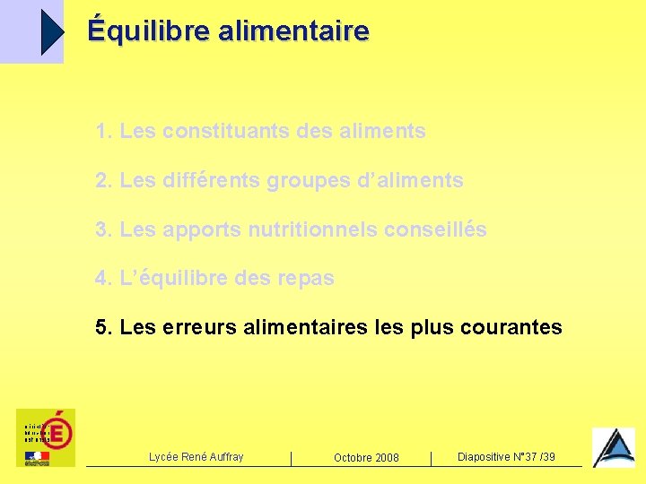 Équilibre alimentaire 1. Les constituants des aliments 2. Les différents groupes d’aliments 3. Les