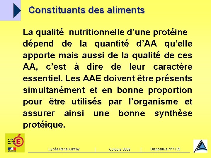 Constituants des aliments La qualité nutritionnelle d’une protéine dépend de la quantité d’AA qu’elle