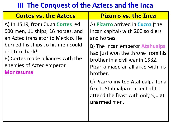 III The Conquest of the Aztecs and the Inca Cortes vs. the Aztecs A)