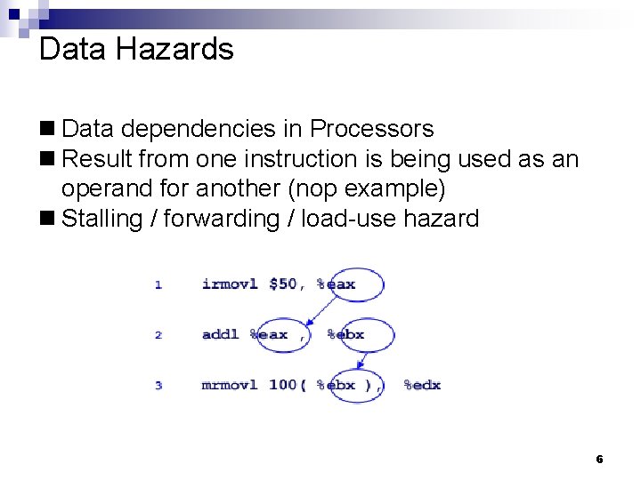 Data Hazards Data dependencies in Processors Result from one instruction is being used as