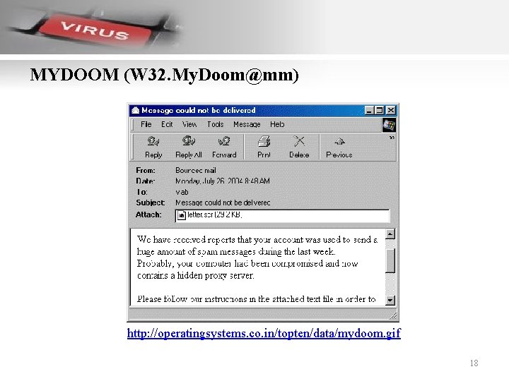 MYDOOM (W 32. My. Doom@mm) http: //operatingsystems. co. in/topten/data/mydoom. gif 18 