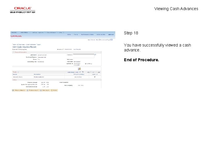 Viewing Cash Advances Step 18 You have successfully viewed a cash advance. End of