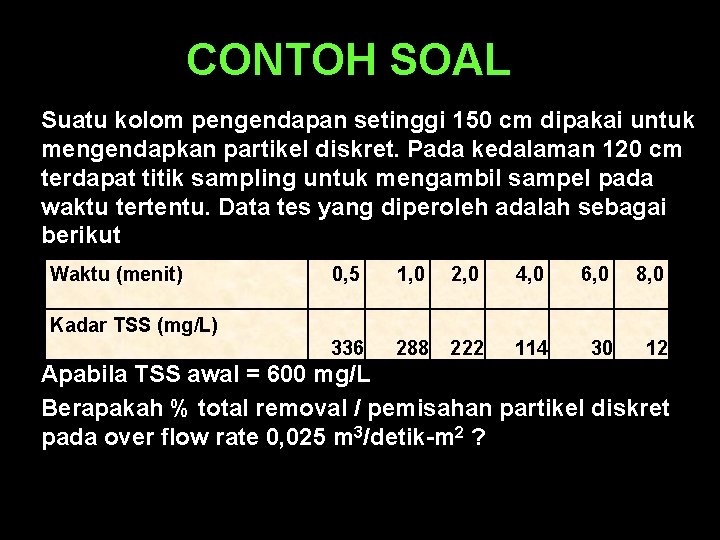 CONTOH SOAL Suatu kolom pengendapan setinggi 150 cm dipakai untuk mengendapkan partikel diskret. Pada