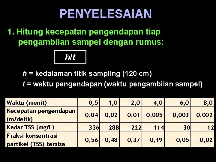 PENYELESAIAN 1. Hitung kecepatan pengendapan tiap pengambilan sampel dengan rumus: 1. h/t h =